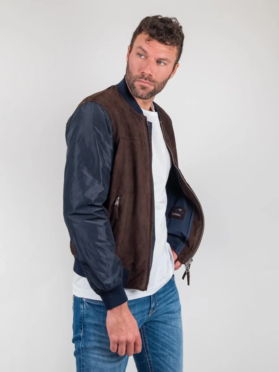 Giubbotto in camoscio marrone con maniche e inserti in nylon blu "Rude Boy" - immagine 8