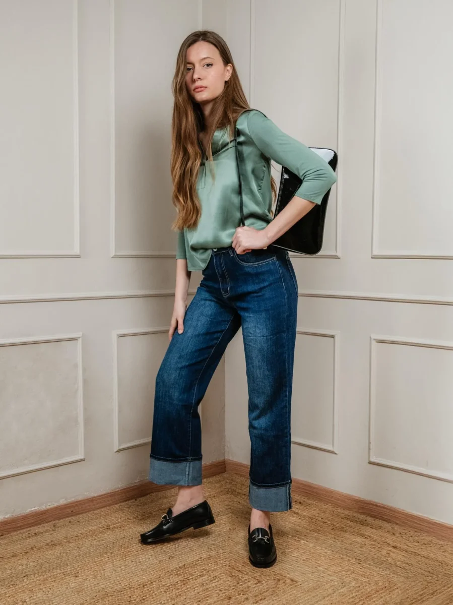 JEANS A PALAZZO CON RISVOLTO LAVAGGIO SCURO - immagine 9