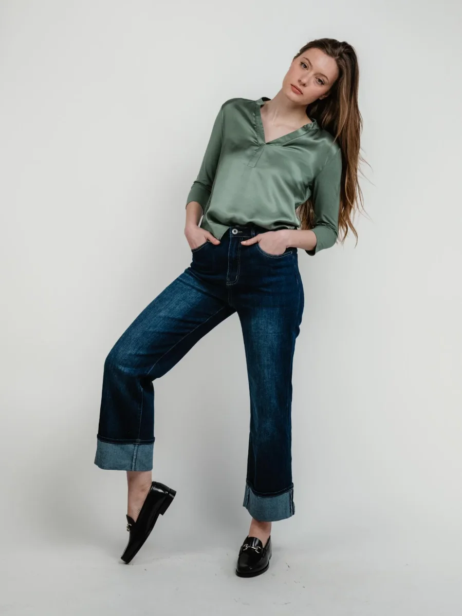 JEANS A PALAZZO CON RISVOLTO LAVAGGIO SCURO - immagine 5