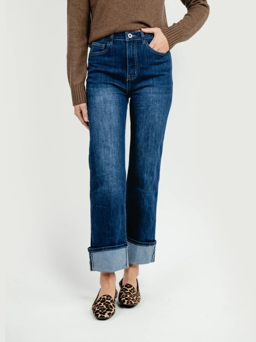 JEANS A PALAZZO CON RISVOLTO LAVAGGIO SCURO - immagine 3