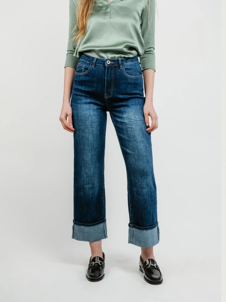 JEANS A PALAZZO CON RISVOLTO LAVAGGIO SCURO