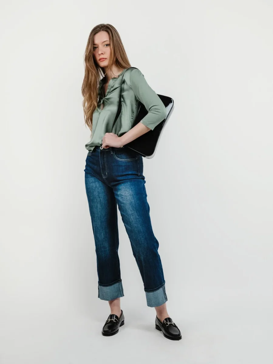 JEANS A PALAZZO CON RISVOLTO LAVAGGIO SCURO - immagine 8