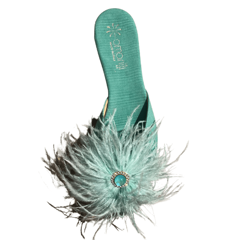 Luna: Sabot in Tessuto Cotone con piume di struzzo e perla centrale - immagine 4