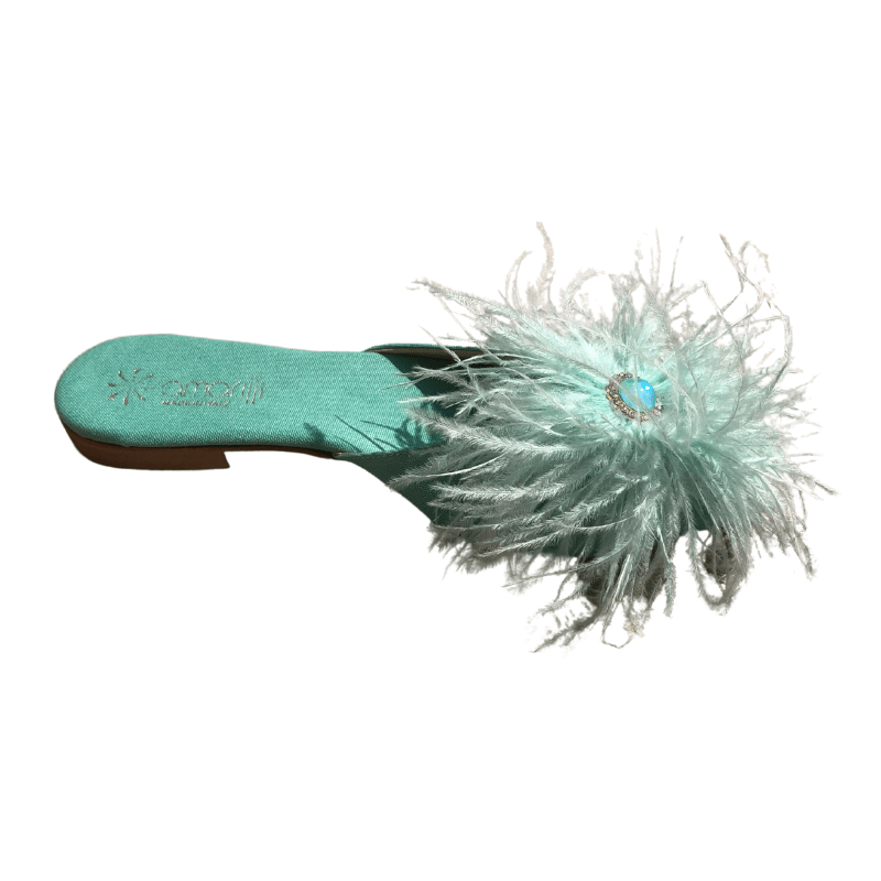 Luna: Sabot in Tessuto Cotone con piume di struzzo e perla centrale - immagine 5