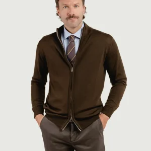 MAGLIA A LUPETTO CON ZIP IN LANA MERINO TESTA MORO