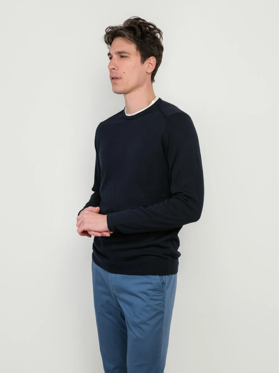 MAGLIA GIROCOLLO IN COTONE BLU CON INSERTO T-SHIRT - immagine 3