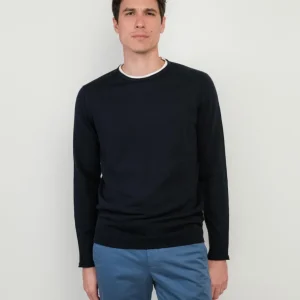 MAGLIA GIROCOLLO IN COTONE BLU CON INSERTO T-SHIRT