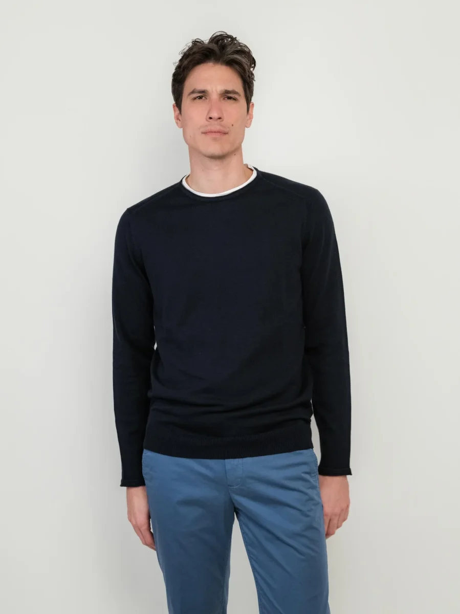 MAGLIA GIROCOLLO IN COTONE BLU CON INSERTO T-SHIRT