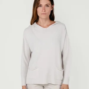 MAGLIA LUNGA CON TASCHE E CAPPUCCIO PANNA