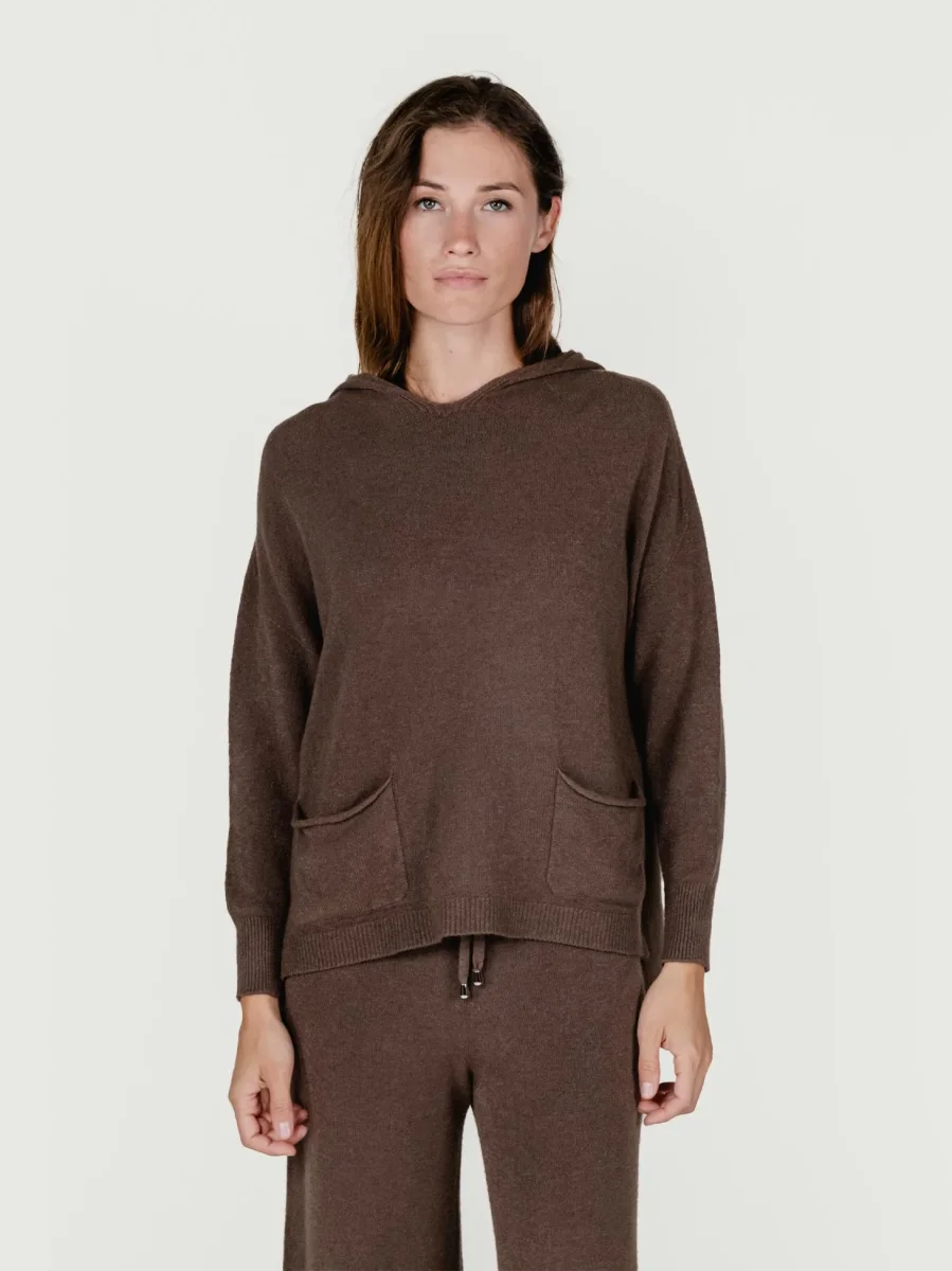 MAGLIA LUNGA CON TASCHE E CAPPUCCIO TABACCO