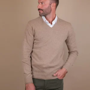MAGLIA SCOLLO A V IN LANA MISTO CASHMERE BEIGE