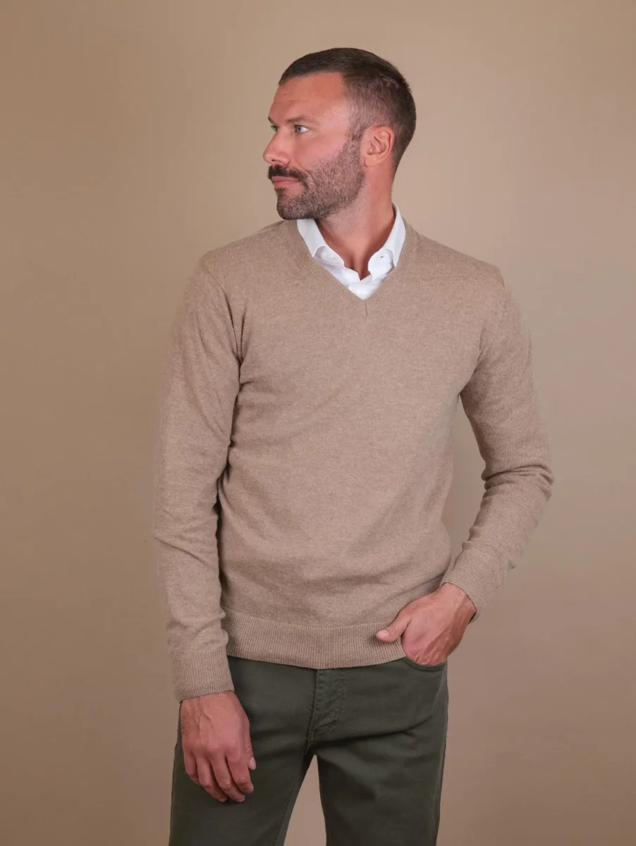 MAGLIA SCOLLO A V IN LANA MISTO CASHMERE BEIGE