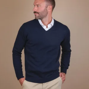 MAGLIA SCOLLO A V IN LANA MISTO CASHMERE BLU