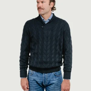 MAGLIONE A TRECCE CON COLLO SCIALLATO BLU