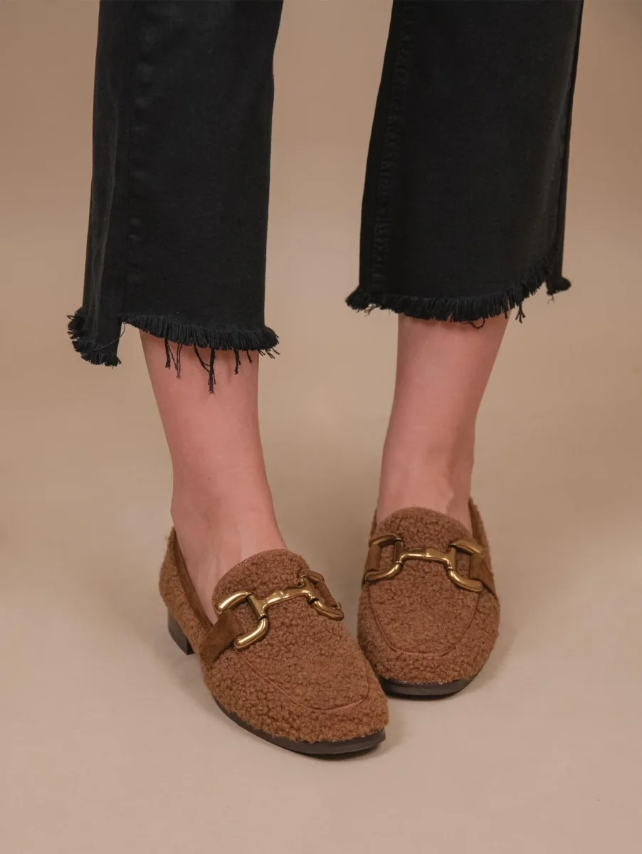 MOCASSINO CON MORSETTO FRONTALE IN TESSUTO BOUCLE MARRONE - immagine 6