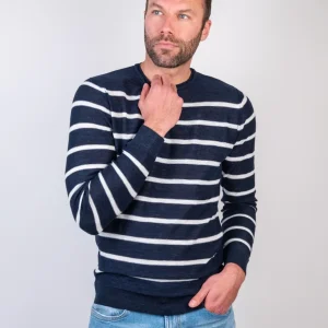 Maglia girocollo a righe blu e bianca