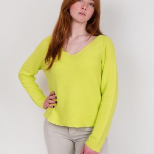 Maglia scollo a V in cotone verde acido