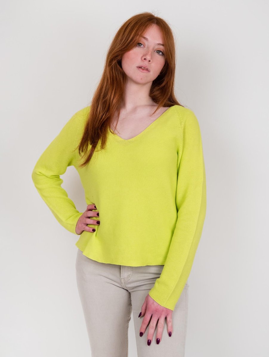 Maglia scollo a V in cotone verde acido