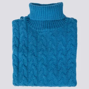 Maglione a collo alto con intreccio in lana turchese