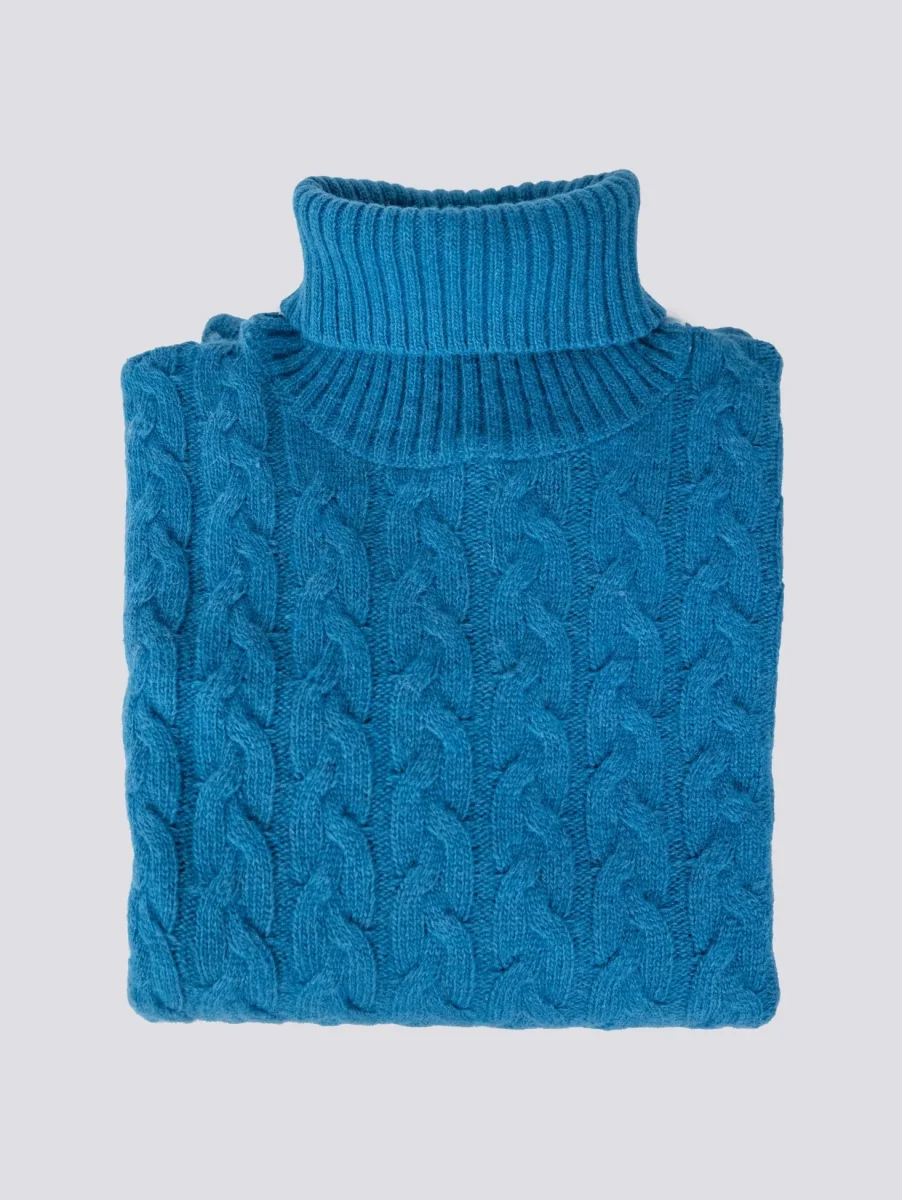 Maglione a collo alto con intreccio in lana turchese