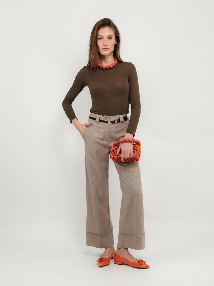 PANTALONE A PALAZZO BEIGE CON MAXI RISVOLTO - immagine 7