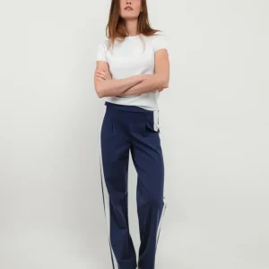 PANTALONE A PALAZZO BLU CON INSERTI LATERALI BIANCHI