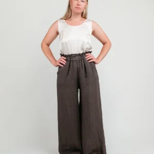 PANTALONE A PALAZZO IN LINO MARRONE