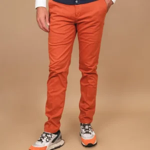 PANTALONE IN COTONE LISCIO MATTONE CON TASCA A FILO