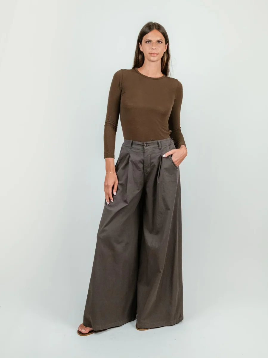 PANTALONE WIDE LEG IN COTONE TESTA MORO