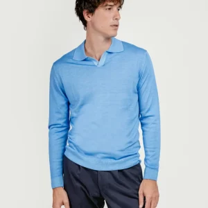 POLO DERBY A MANICHE LUNGHE IN LANA MERINO CELESTE