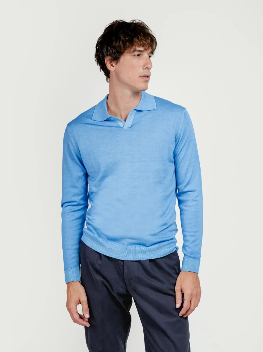 POLO DERBY A MANICHE LUNGHE IN LANA MERINO CELESTE