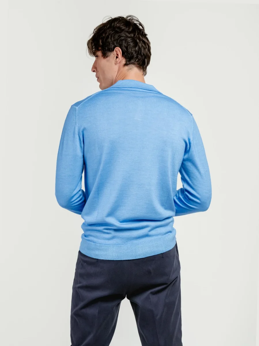 POLO DERBY A MANICHE LUNGHE IN LANA MERINO CELESTE - immagine 4