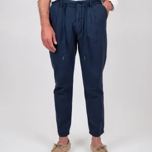 Pantalone blu in lino e cotone