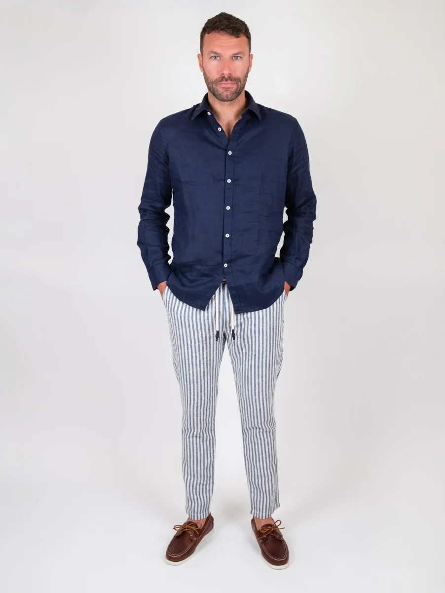 Pantalone misto lino a righe con coulisse - immagine 6