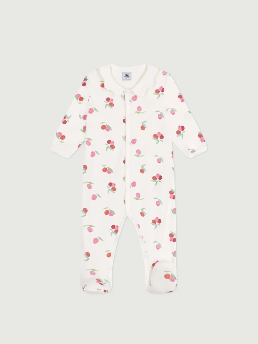 Pigiama in cotone con colletto a petalo e stampa frutti neonato