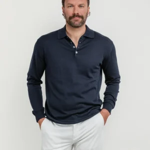 Polo a maniche lunghe in maglina di cotone blu notte