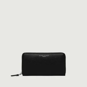 Portafoglio in pelle martellata nera con chiusura zip