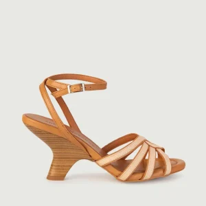 SANDALO CON LISTINI IN PELLE BEIGE E CAMMELLO