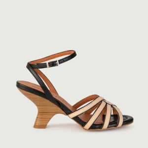 SANDALO CON LISTINI IN PELLE BEIGE E NERO