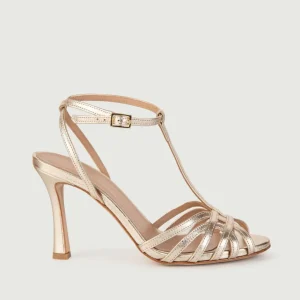 SANDALO CON TACCO E CINTURINO IN PELLE PLATINO