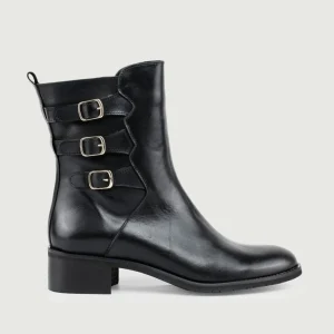 STIVALETTO CON TRIPLO CINTURINO IN PELLE NERO