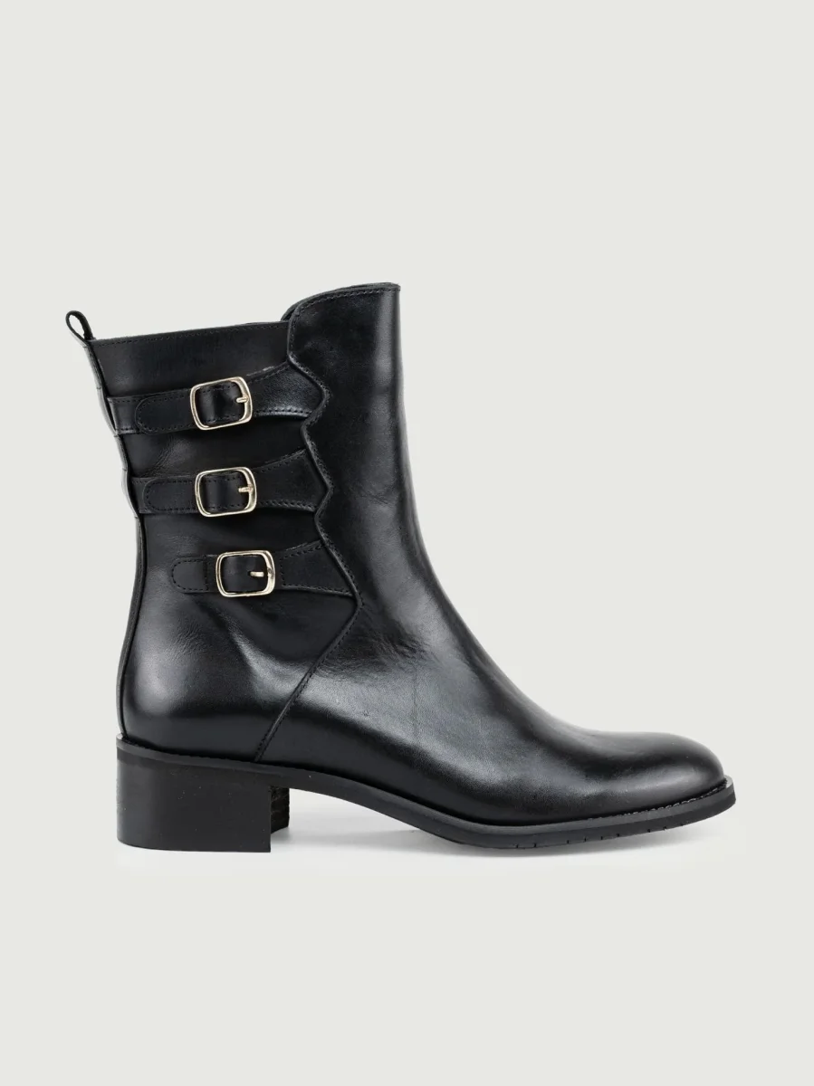 STIVALETTO CON TRIPLO CINTURINO IN PELLE NERO