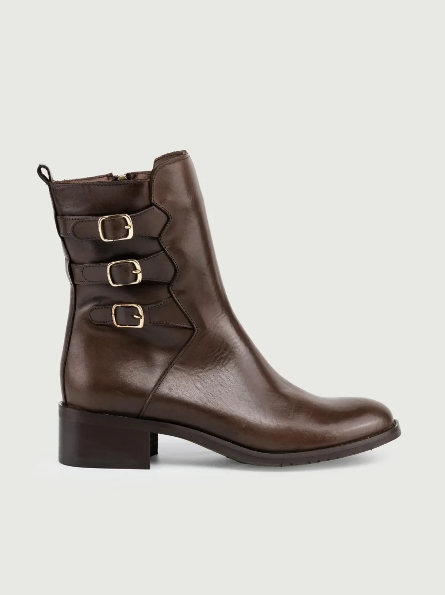 STIVALETTO CON TRIPLO CINTURINO IN PELLE TESTA MORO