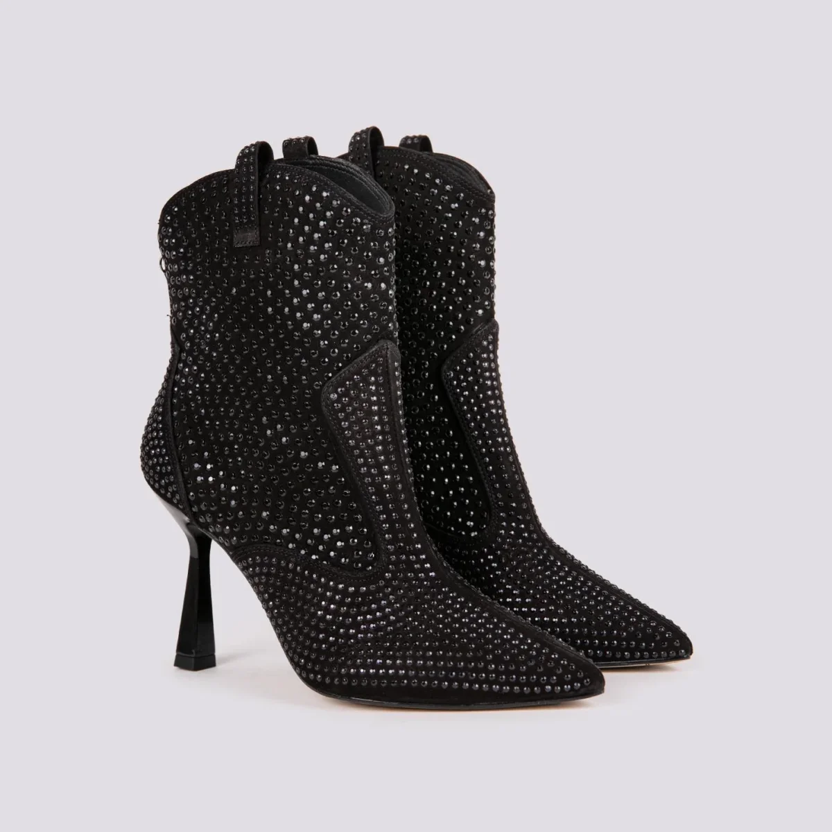 STIVALETTO TEXANO CON APPLICAZIONI STRASS E TACCO A ROCCHETTO NERO - immagine 3