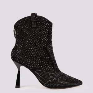 STIVALETTO TEXANO CON APPLICAZIONI STRASS E TACCO A ROCCHETTO NERO