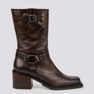 STIVALETTO TEXANO IN PELLE LAMINATA MARRONE