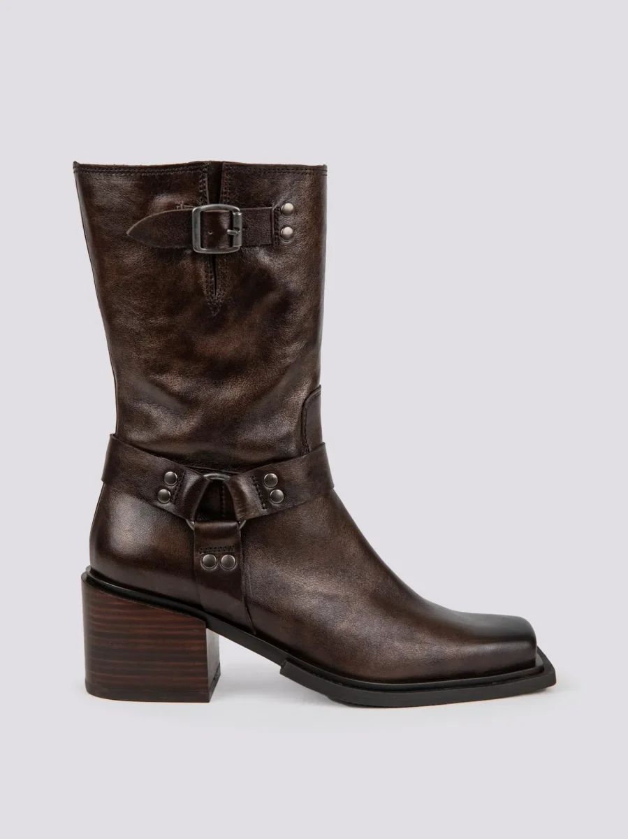 STIVALETTO TEXANO IN PELLE LAMINATA MARRONE