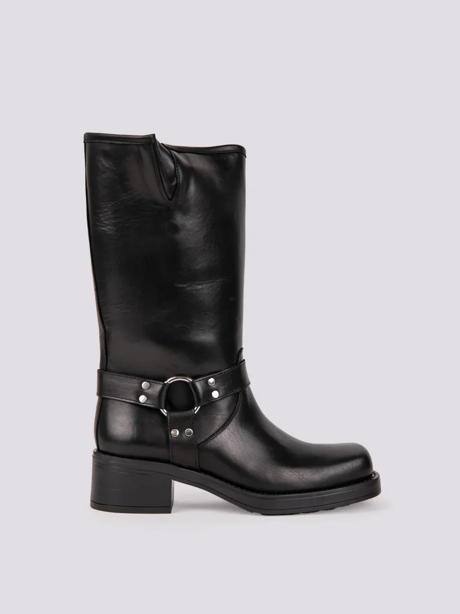 STIVALE TEXANO CON GHETTA E PUNTA SQUADRATA IN PELLE NERA