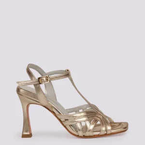 Sandalo con tacco rocchetto platino laminato