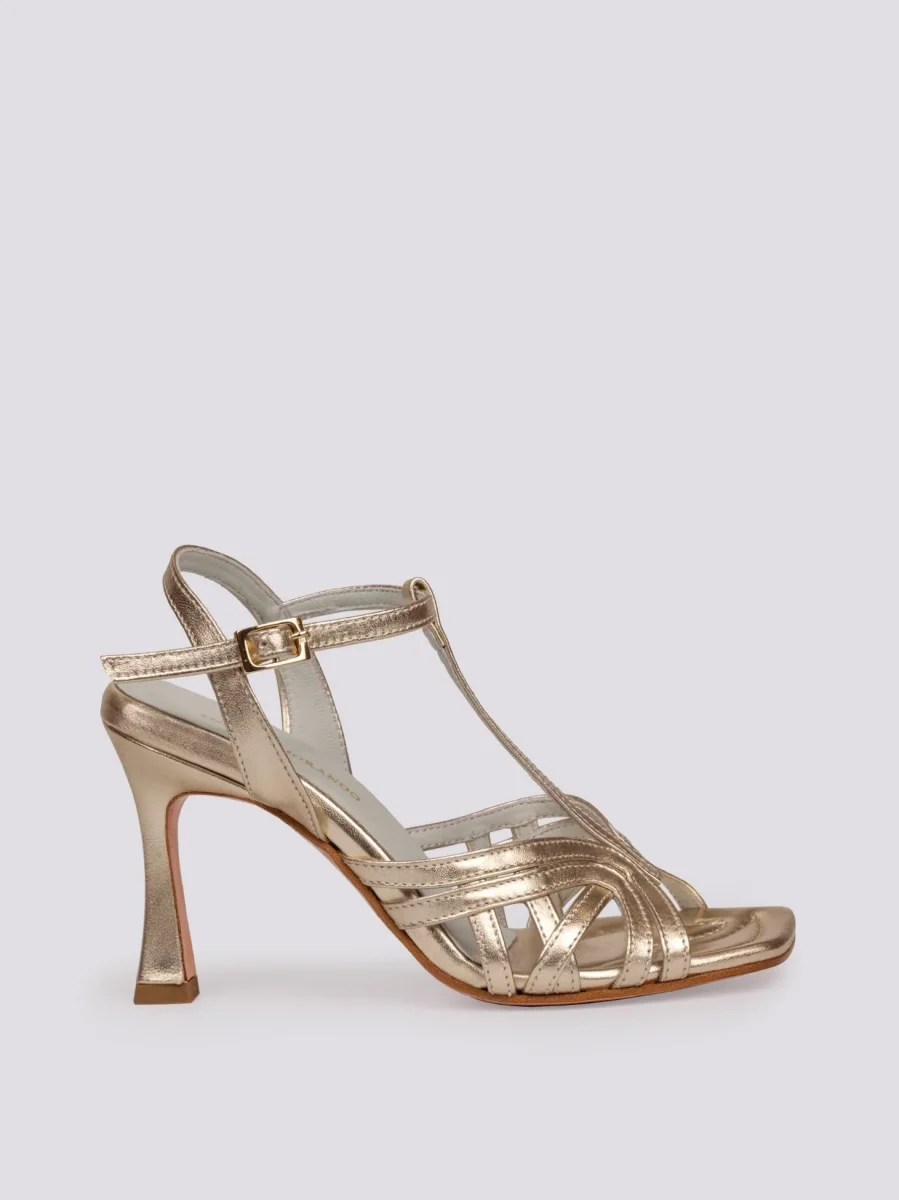 Sandalo con tacco rocchetto platino laminato